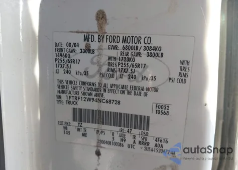 2004 Ford F-150 Stx/Xl/Xlt z USA, uszkodzony, nr VIN 1FTRF12W94NC68728